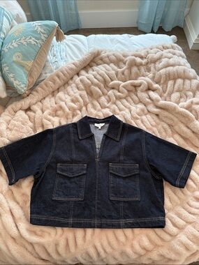 bohme Cropped Dark Denim Short-Sleeve Pullover Shirt size L